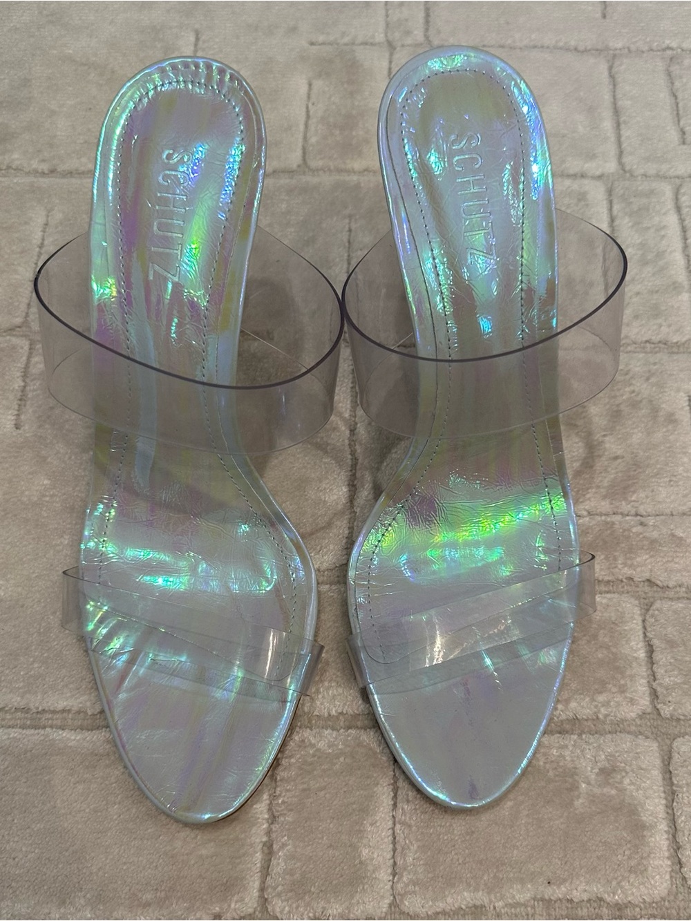 SCHUTZ Ariella Iridescent Clear-Strap Slide Heels 9.5B